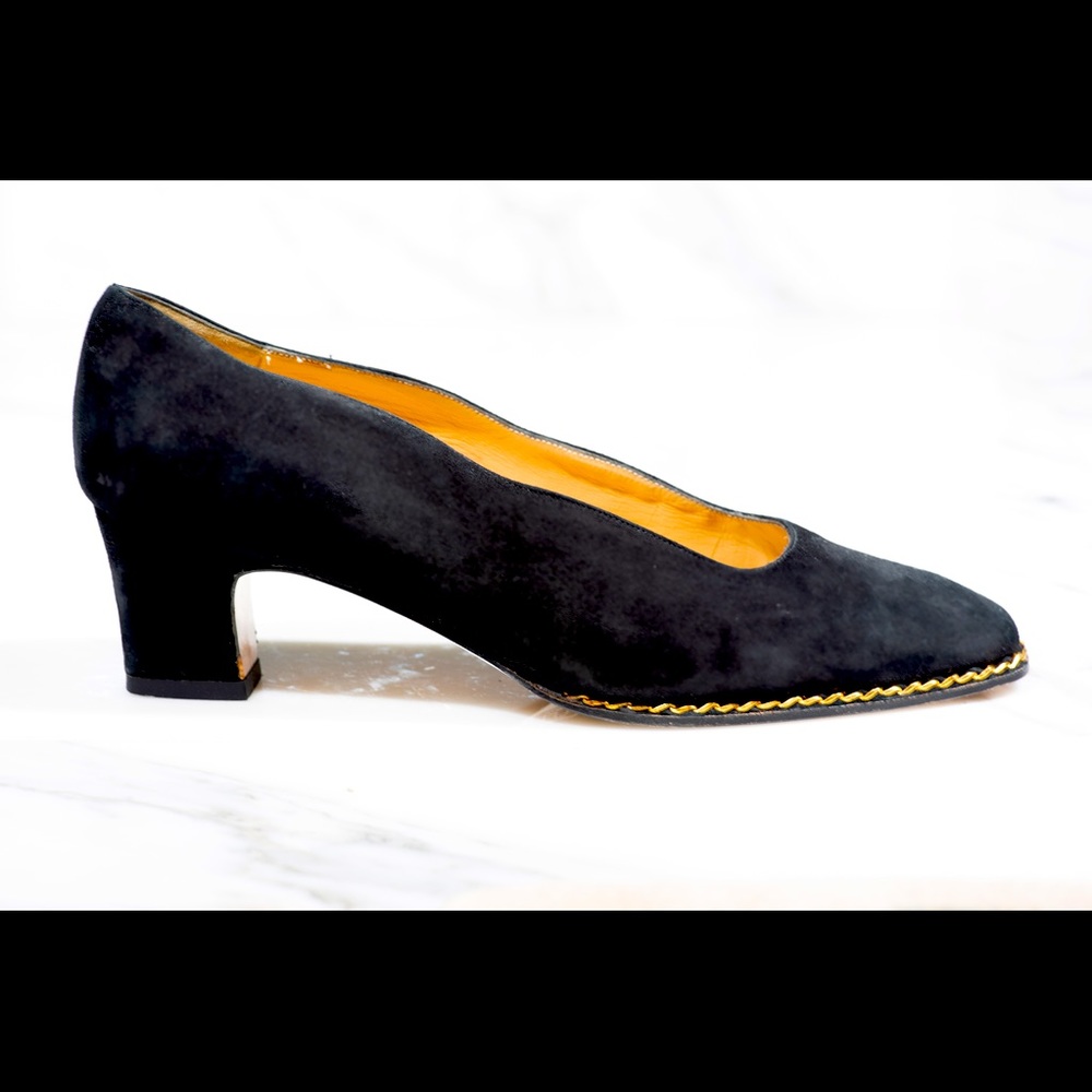 Vintage BROWNS Italian Black Suede Heels Gold Trim